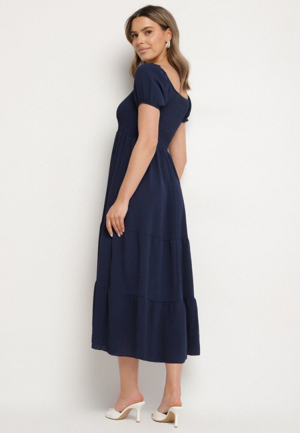 Granatowa Rozkloszowana Sukienka z Dekoltem Typu Hiszpanka z Marszczeniem Lumorice