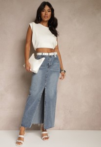 Niebieska Spódnica Jeansowa o Ołówkowym Kroju Zdobiona Rozcięciem Lisovira