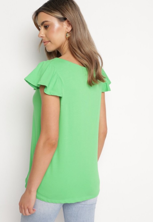 Zielony Bawełniany Top z Falbankami Wokół Rękawów Fenculia