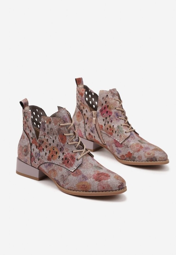 Szaro-Czerwone Ażurowe Botki ze Skórzaną Wkładką z Wycięciem Nanalitia
