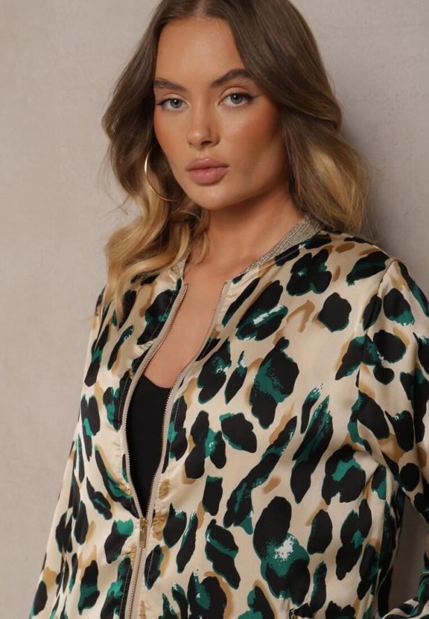 ZIelono-Beżowa Panterkowa Kurtka w Stylu Bomberki Ozdobiona Ściągaczami Rinnovaria