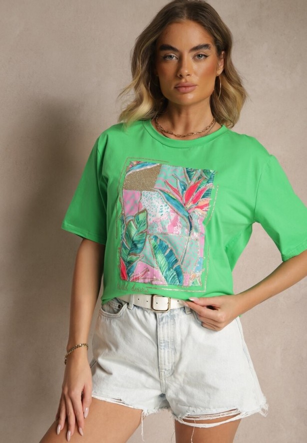 Zielony T-shirt z Bawełny Ozdobiony Brokatem Isadelle