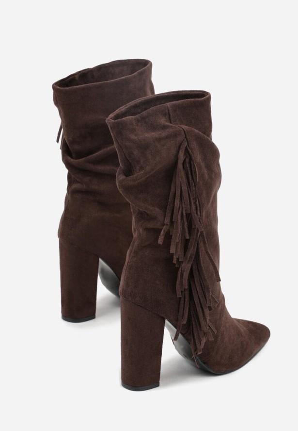 Brązowe Botki w Stylu Kowbojek na Obcasie Ozdobione Frędzlami Reitania