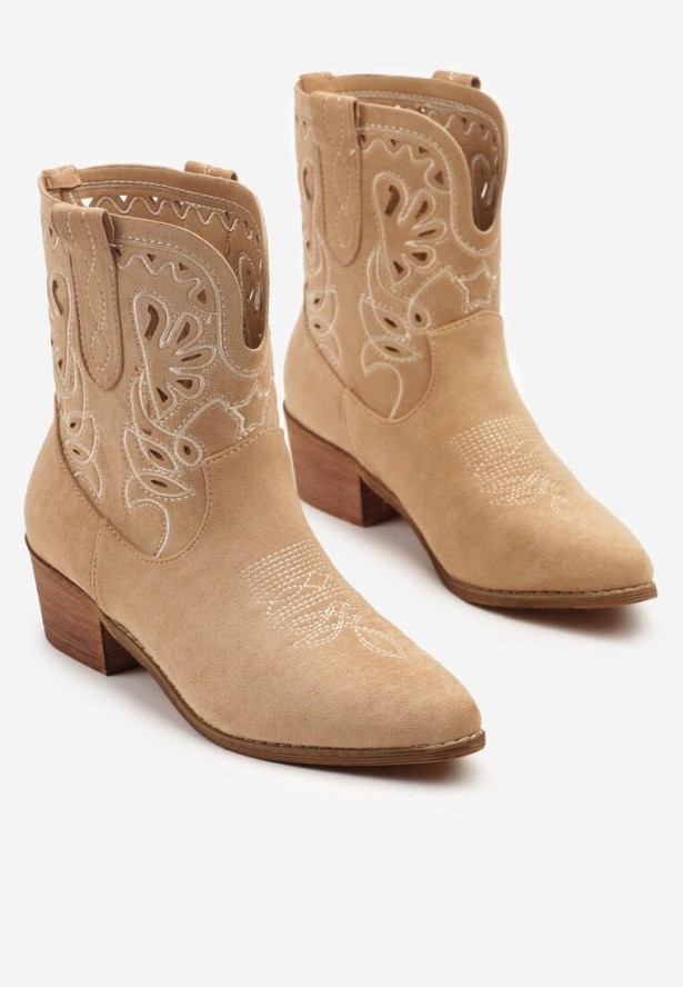 Brązowe Botki Kowbojki Vices na Słupku Ozdobione Haftem Nelithen