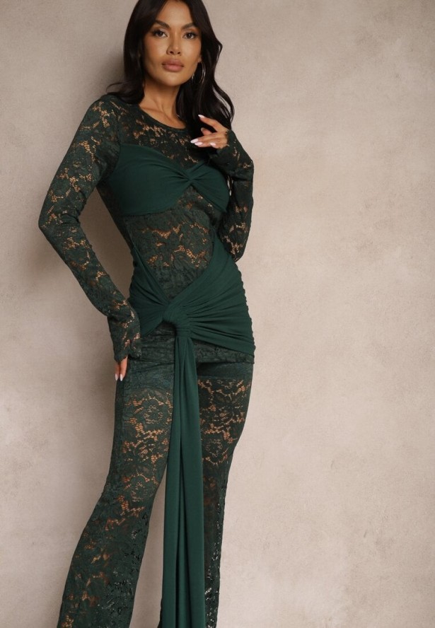 Zielony Komplet z Koronki Zdobiony Trenem Spodnie o Szerokim Kroju i Bluzka Longsleeve Feladi