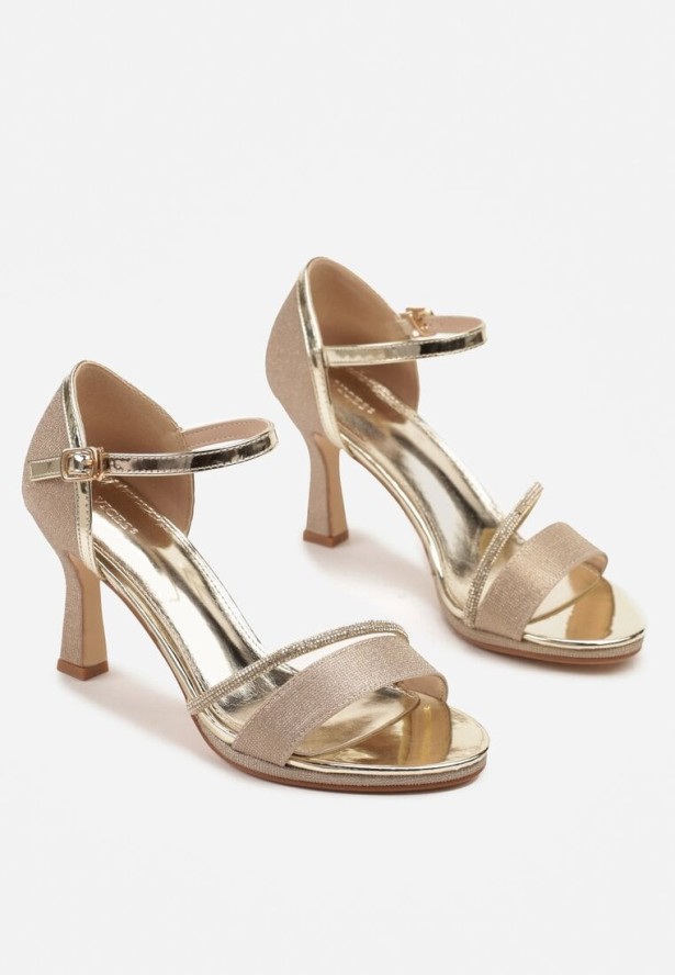 Złote Sandały na Szpilce Vices z Brokatem i Cyrkoniami Oviessae