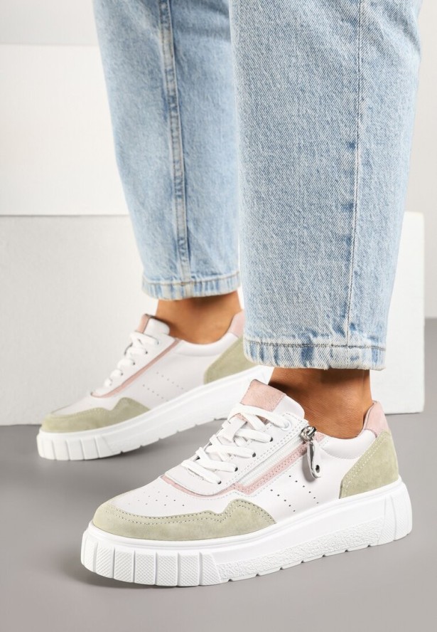 Biało-Zielone Sneakersy Skórzane z Ozdobnym Suwakiem Tillirella