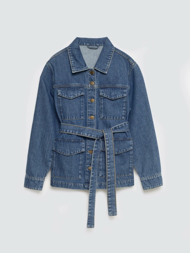 Kurtka damska jeansowa z wiązaniem w pasie niebieska Chelsey 379