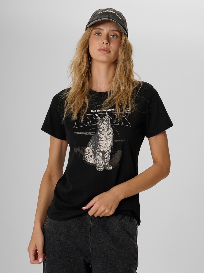 4F T-shirt regular z nadrukiem damski - czarny XS