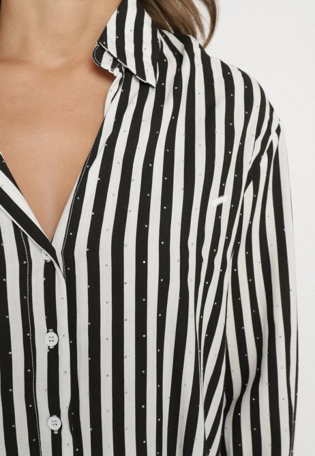 Czarna Bawełniana Koszula w Pionowe Paski Zdobiona Cyrkoniami Isorina