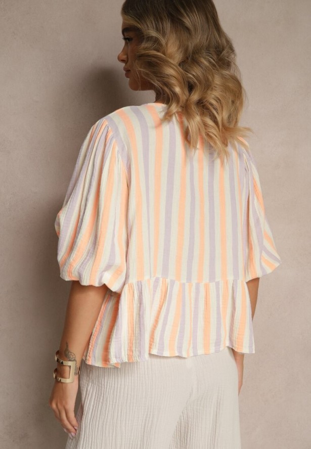 Pomarańczowa Bluzka z Bawełny w Prążki Zdobiona Wiązaniem i Falbaną Farettia