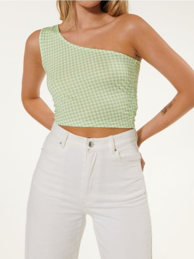 Crop top na jedno ramię w kratę - zielony