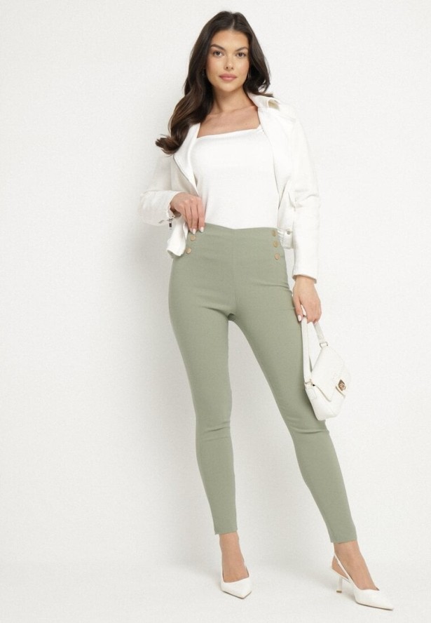 Zielone Dopasowane Spodnie z Bawełną Wysokim Stanem i Guzikami Arrioliana