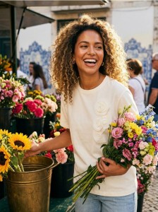 Bawełniana koszulka z aplikacjami 3D - kremowy