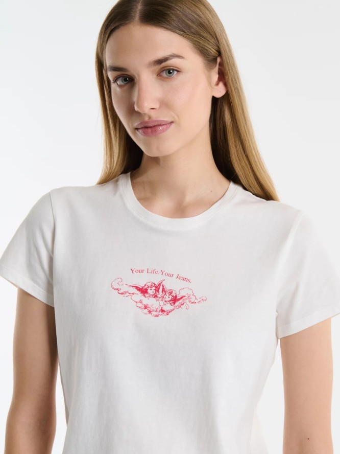 Krótka koszulka damska z nadrukiem biała Nottasa 100