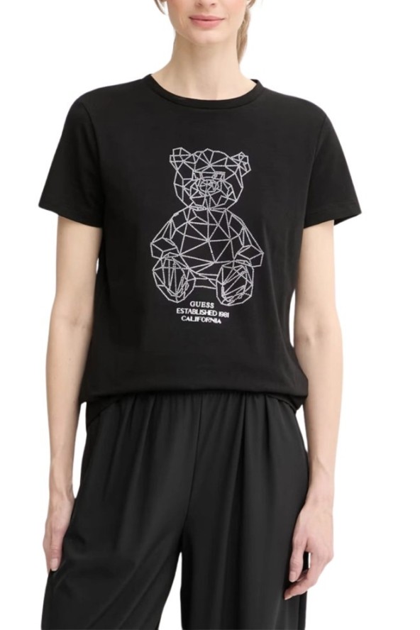 GUESS Czarny damski t-shirt na krótki rękaw z cyrkoniami Romy, Rozmiar S
