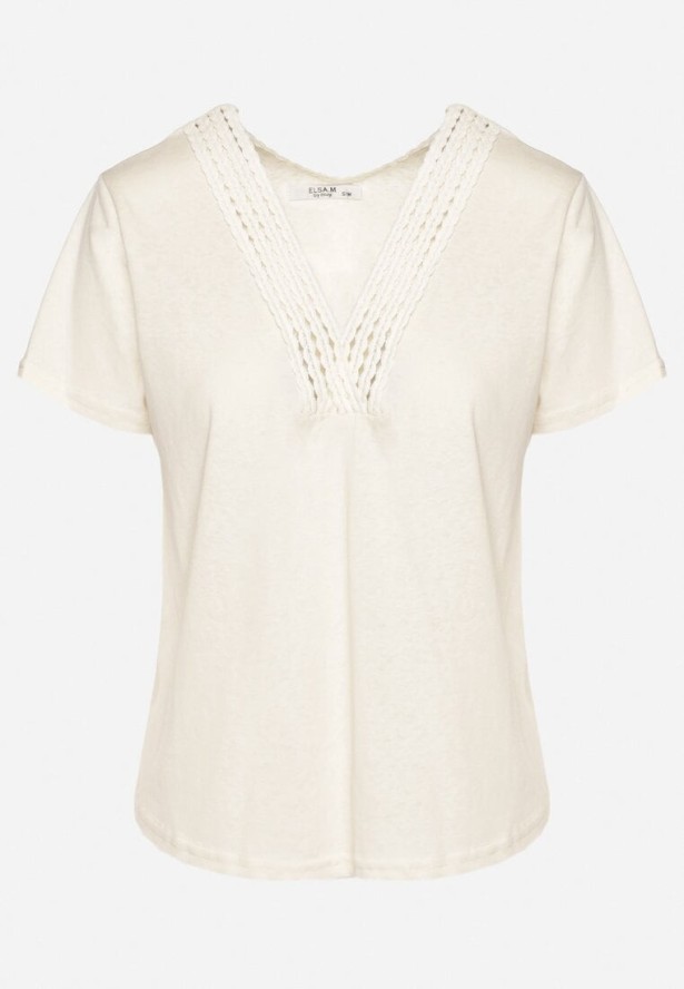 Beżowy T-shirt z Bawełny z Wiskozą i Ażurowym Zdobieniem Alivira