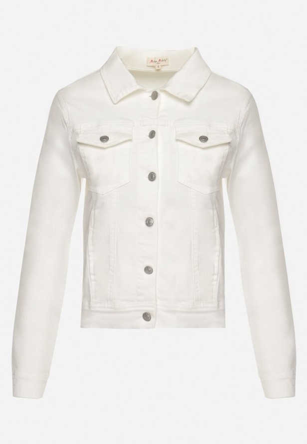 Biała Bawełniana Kurtka Jeansowa Zapinana na Metalowe Guziki Auratia