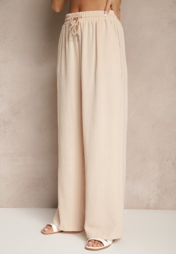 Jasnobeżowy Komplet Bluzka i Luźne Spodnie z Wiskozą i Kieszonkami Efraria