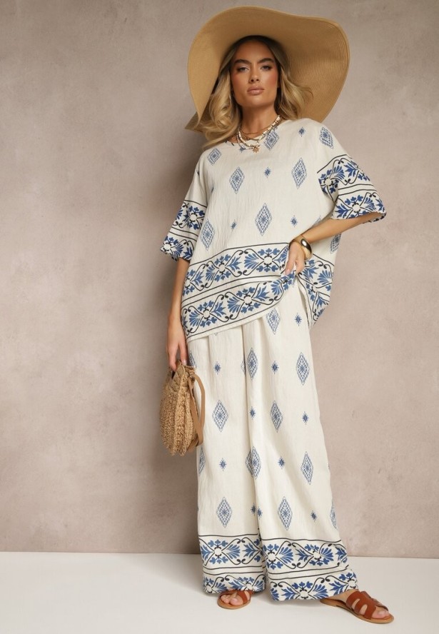 Beżowo-Niebieski Komplet z Wiskozy w Etniczny Wzór Szerokie Spodnie i T-shirt Sarivianne