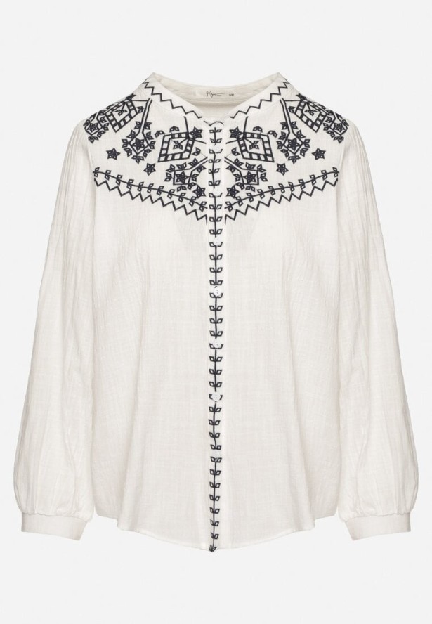 Biała Koszula z Bawełny w Stylu Boho Zdobiona Haftem Gonilwen