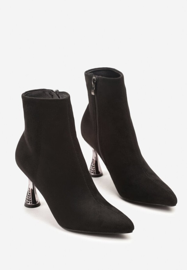 Czarne Botki Vices na Ozdobnym Obcasie w Kształcie Klepsydry Zaive