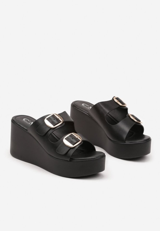 Czarne Klapki na Koturnie Zapinane na Sprzączki Tovianne