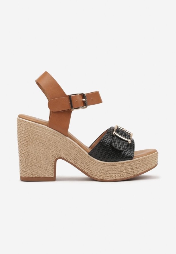 Czarne Sandały z Plecionką na Obcasie i Platformie Ozdobione Klamrami Amerxia