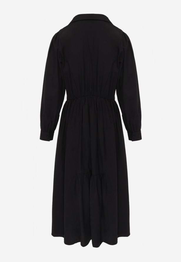 Czarna Rozkloszowana Sukienka Koszulowa z Bawełny i Wiskozy Zdobiona Klapami Gleta