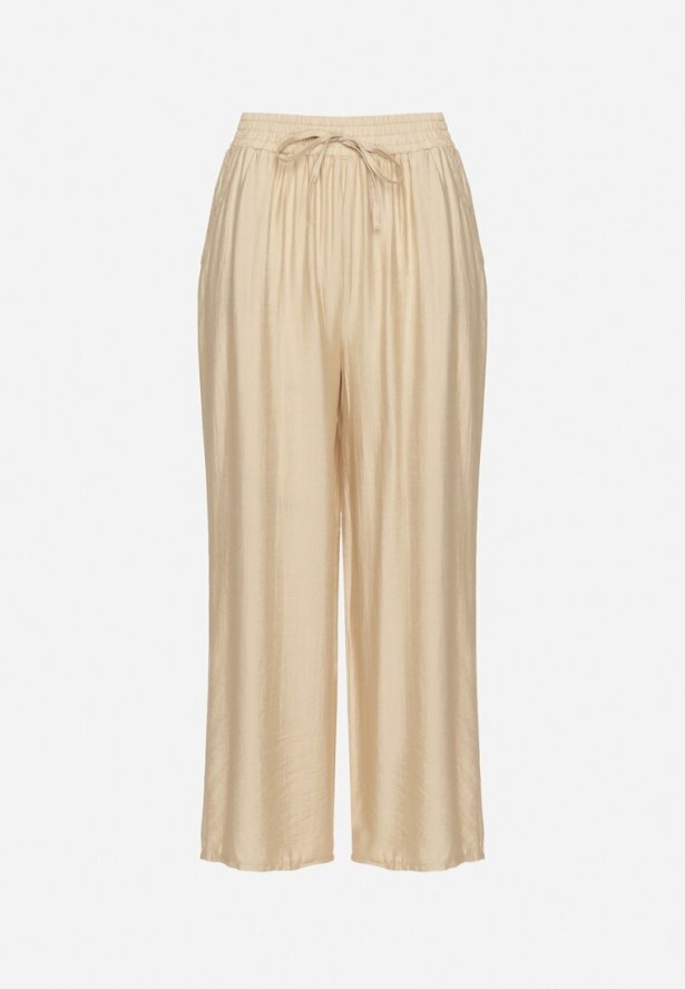 Beżowe Szerokie Spodnie Palazzo z Wysokim Stanem i Wiązaniem Myrlevia
