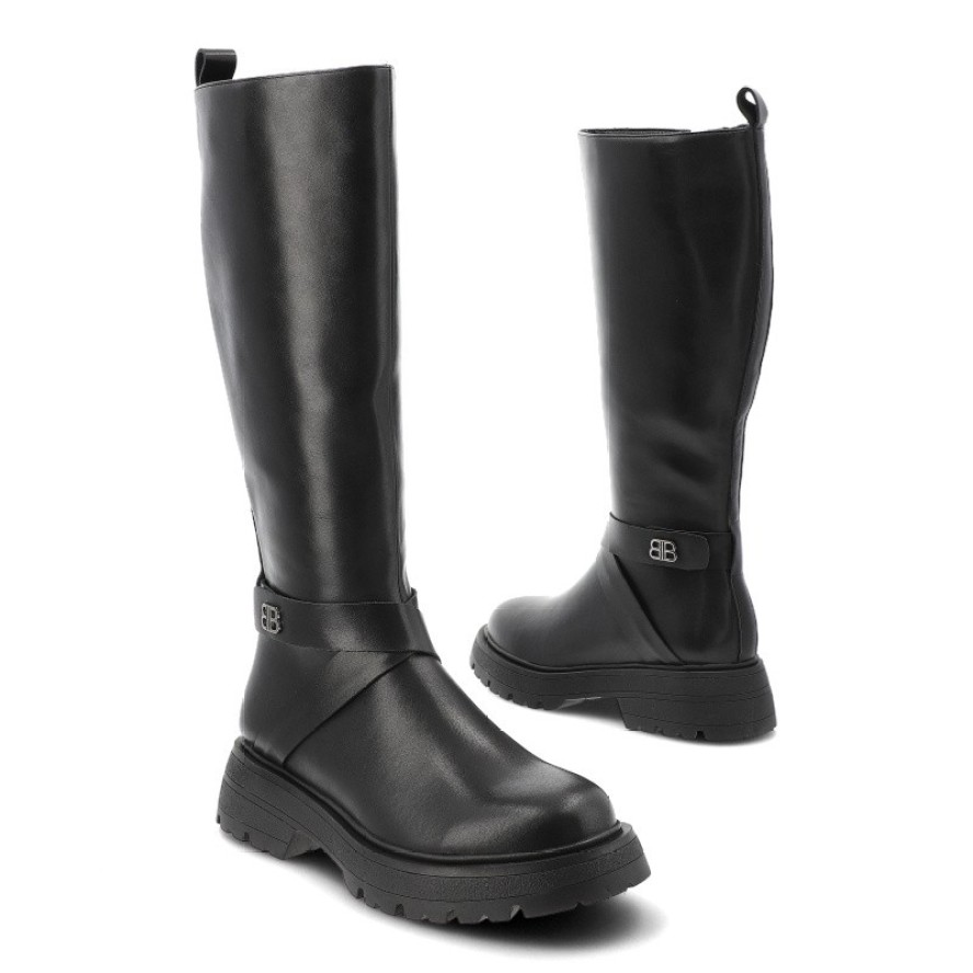 Kozaki damskie Filippo, skórzana licowa cholewka zapinana na zamek i na płaskim obcasie, czarne, DKZ7325-25-BK