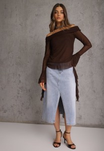 Niebieska Spódnica Jeansowa z Bawełną High Waist i Rozcięciem na Nogę Cinadessa