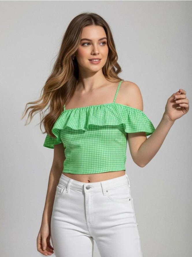 Top na ramiączkach z falbaną przy dekolcie - zielony