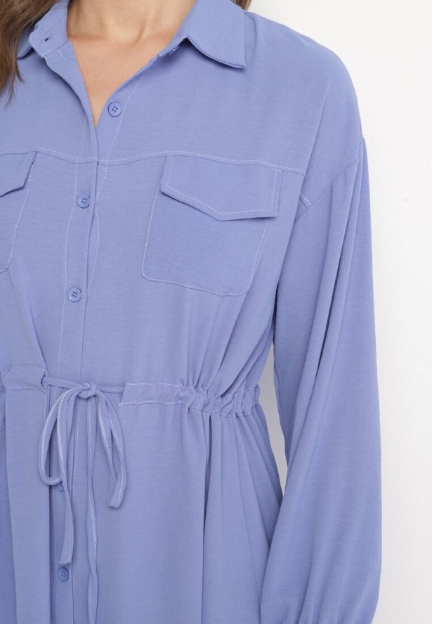 Niebieska Koszulowa Sukienka z Bawełną i Wiązaniem w Pasie Ulalienna