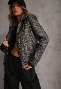 Zielona Panterkowa Kurtka z Odpinanym Kapturem Anastaera