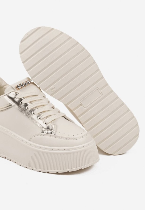 Beżowe Sneakersy na Grubej Podeszwie z Ozdobnymi Przeszyciami Tataniel
