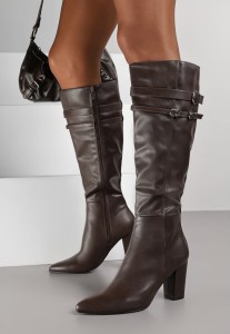 Brązowe Eleganckie Kozaki do Kolan na Słupku Zdobione Paskami z Klamerkami Alenelle