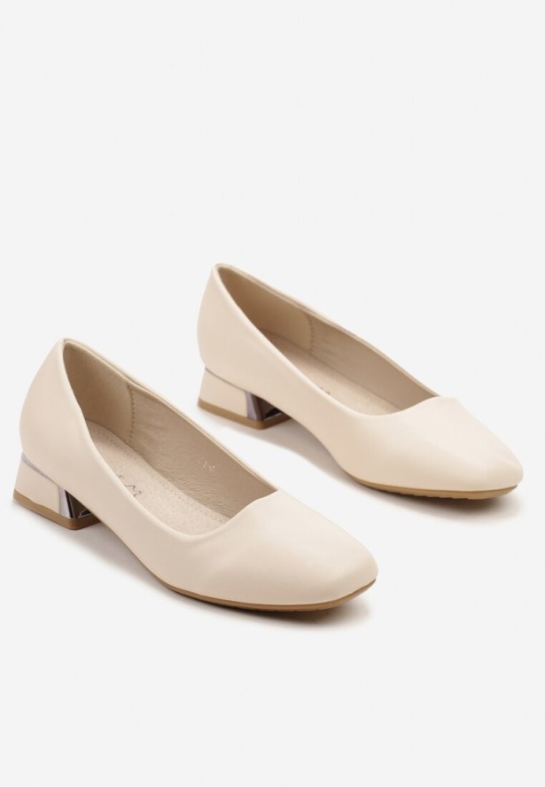 Beżowe Czółenka na Niskim Słupku z Wkładką ze Skóry Naturalnej Niline