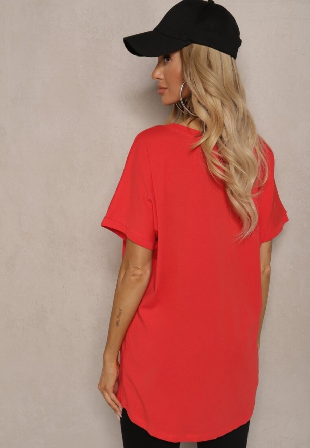 Czerwony Bawełniany T-shirt Oversize z Krótkim Rękawem i Dłuższym Tyłem Zanimara