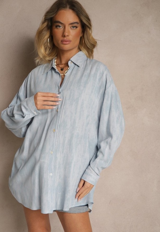 Niebieska Wiskozowa Koszula z Lnem Zdobiona Abstrakcyjnym Wzorem Redilia