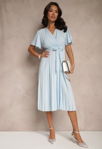 Jasnoniebieska Sukienka Wiązana w Talii z Plisowaniem na Dole Dorseki