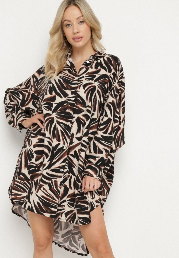Czarna Wiskozowa Sukienka Koszulowa z Lnem o Kroju Nietoperza Janilra