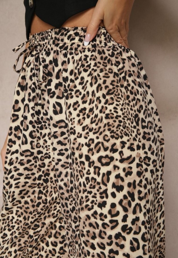 Czarno-Beżowe Spodnie Wide Leg z Gumką w Talii w Panterkowy Wzór Filanira