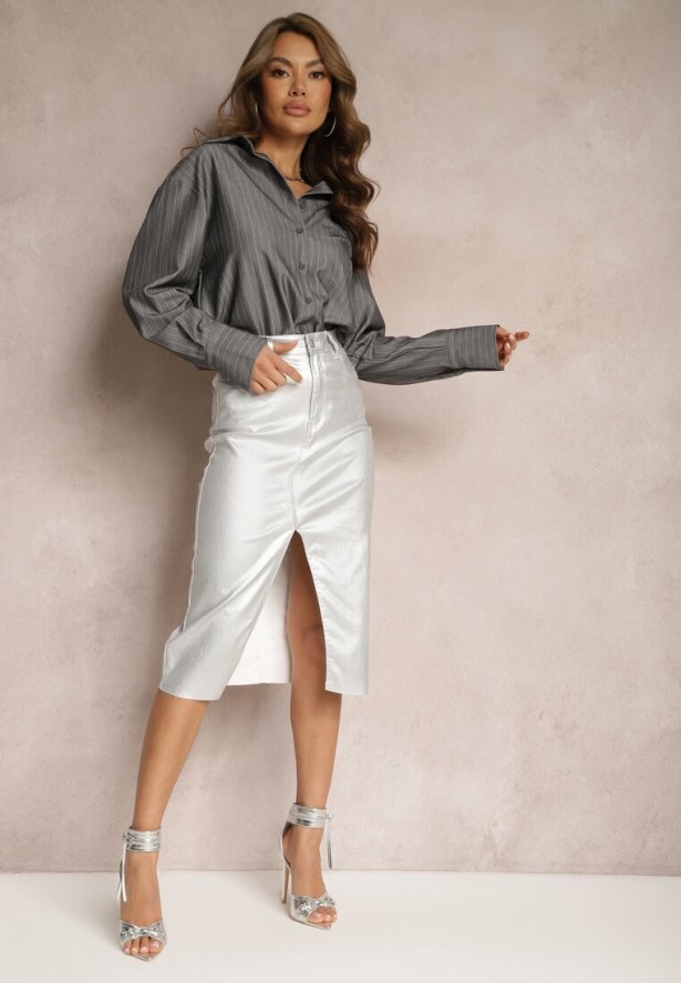 Srebrna Ołówkowa Spódnica Metaliczna Midi Serenita