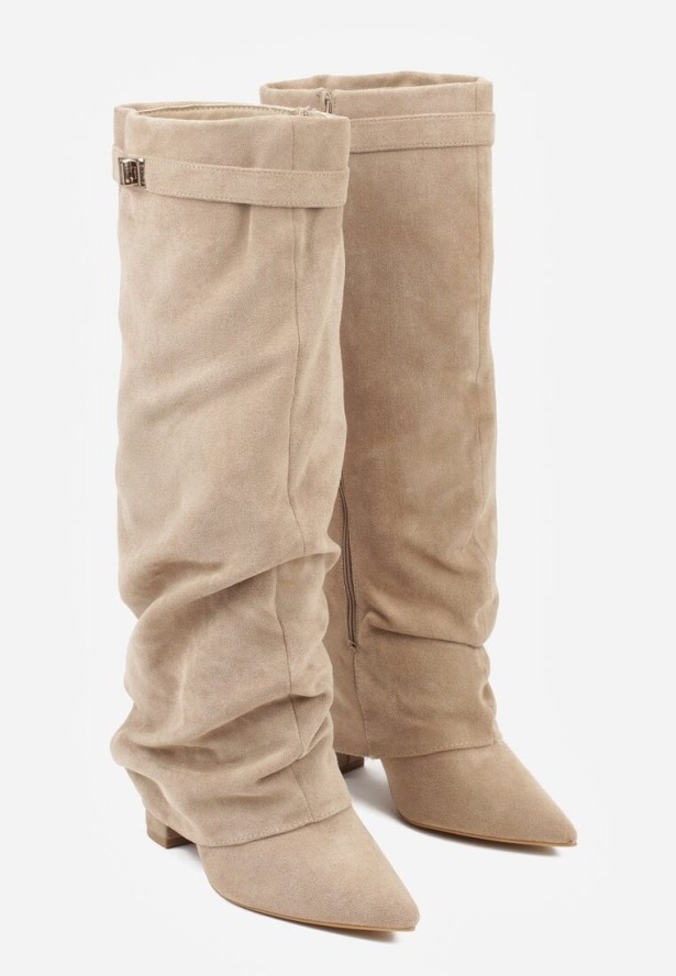 Ciemnobeżowe Marszczone Kozaki na Słupkowym Obcasie z Wywiniętą Cholewką Runella