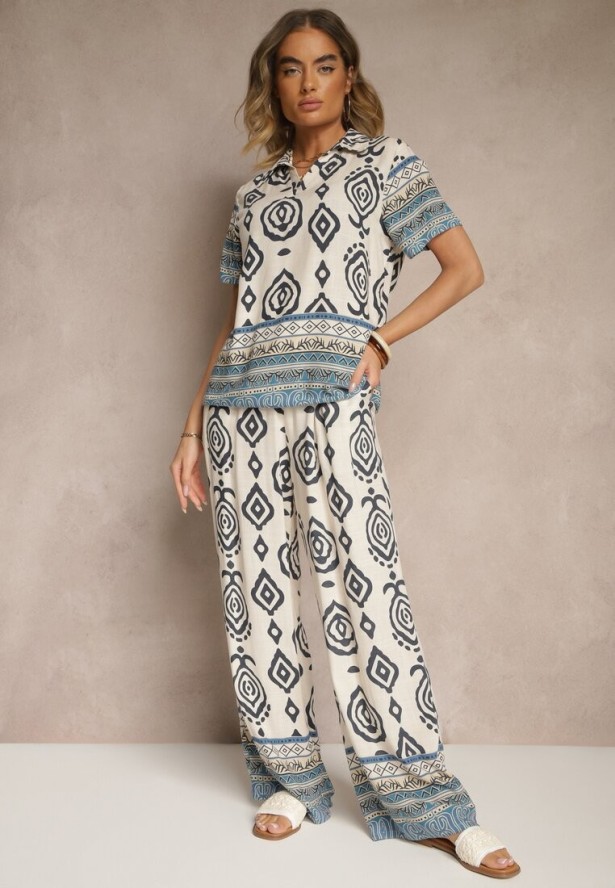 Niebieski Komplet z Wiskozy Luźne Spodnie i Bluzka w Print Boho Ralkio