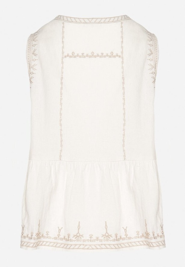 Jasnobeżowa Bawełniana Bluzka Bez Rękawów z Baskinką i Haftem Koritara