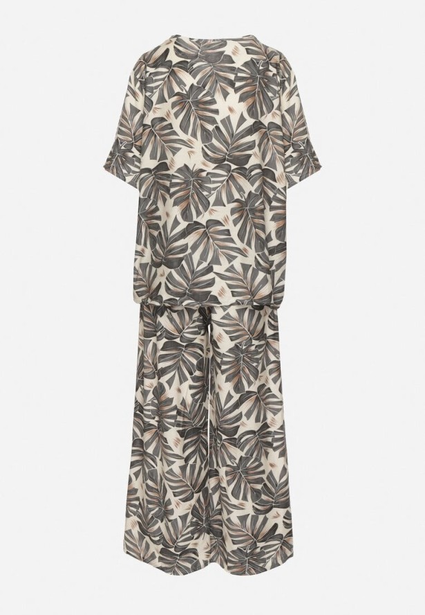 Szary Wiskozowy Komplet z Motywem Roślinnym Szerokie Spodnie i T-shirt Evianira