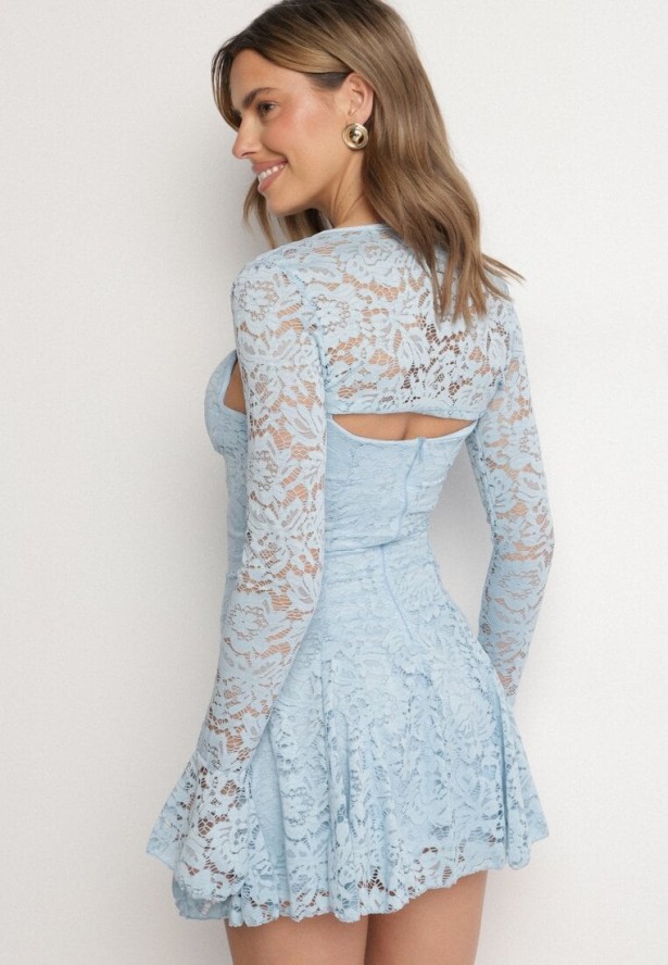 Niebieska Rozkloszowane Sukienka Koktajlowa z Koronką i Bolerkiem Eyrfedi