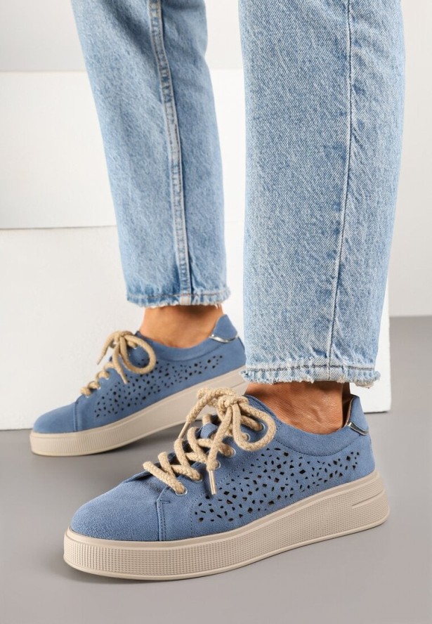 Niebieskie Ażurowe Sneakersy w Stylu Tenisówek ze Skóry Naturalnej Lirivra